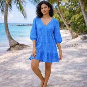 Lilly Pulitzer SZ 00 Lucinda Dress Blue Eyelet Pompoms $268 NWT